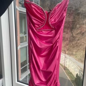 Hot pink mini dress with rhinestone bustier cutout detail! Sexy bodycon dress